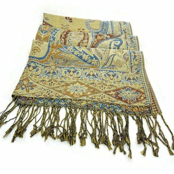 Women's Scarf Pashmina Soft Silky Shawl Wrap Light Stole Veil in Gold & Blue - Picture 1 of 7